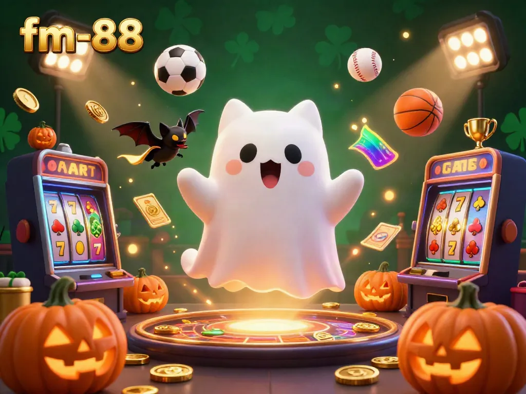 Engaging scene of a ghost cat and bat in a vivid casino setting, celebrating the spirit of fm-88 gaming.