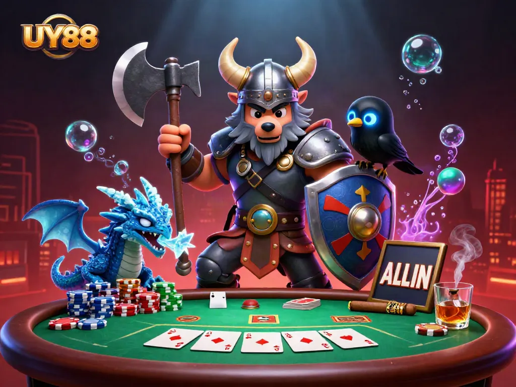 Experience thrilling gameplay action with UY88 at a vibrant poker scene featuring a Viking warrior and dragon.