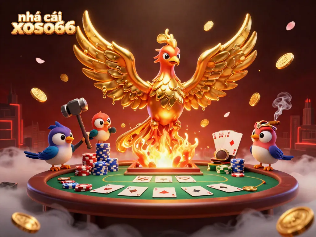 Experience thrills at nhà cái xoso66 with vibrant 3D casino action illustration featuring a golden phoenix and poker elements.