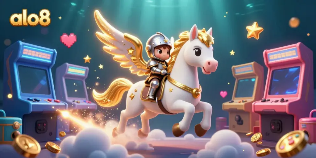 Engage with exciting casino adventures at alo8 featuring a celestial scene of a horse and knight amid vibrant gaming elements.