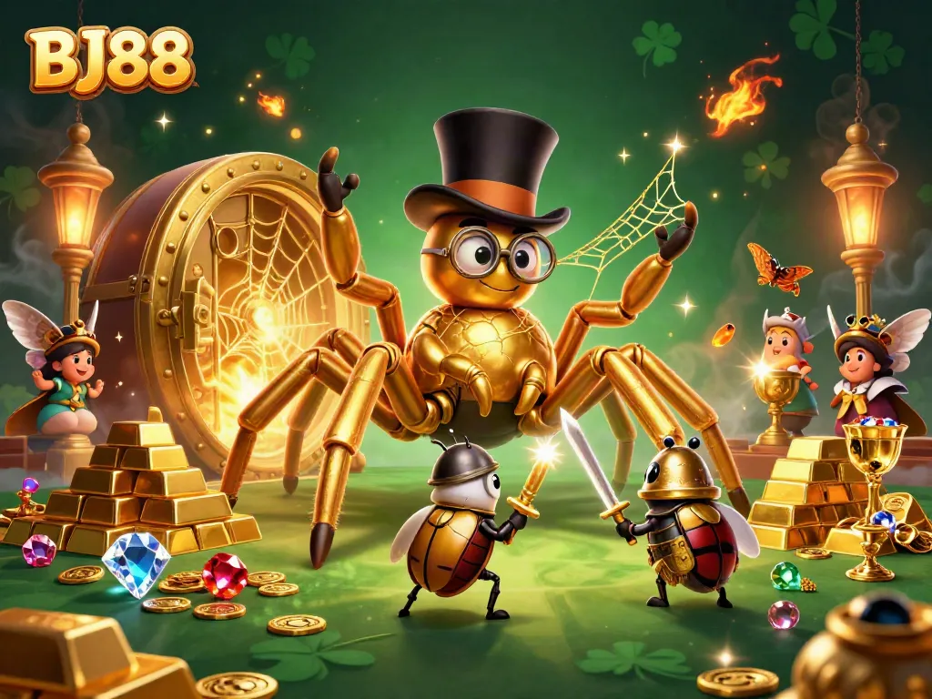 BJ88 captures the thrill of casino adventures with vibrant characters and dynamic game elements in a rich, engaging scene.