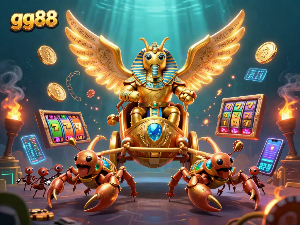Engage with gg88's thrilling gaming experience featuring a golden scarab and dynamic slot elements.