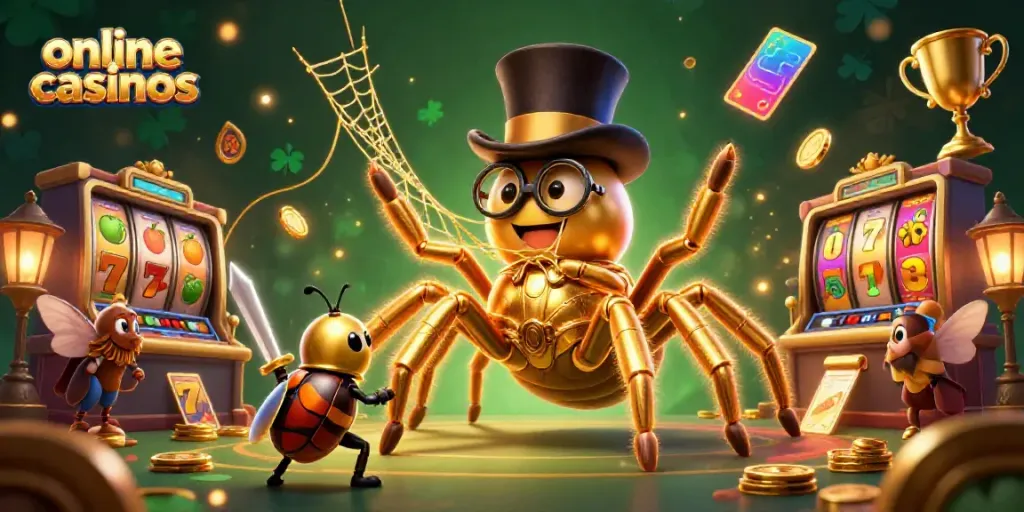 Engage with exciting online casinos as a golden tarantula weaves a web of luck.
