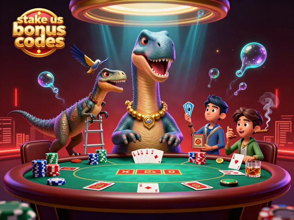 Engage with stake us bonus codes as a giant brontosaurus oversees a lively poker scene.