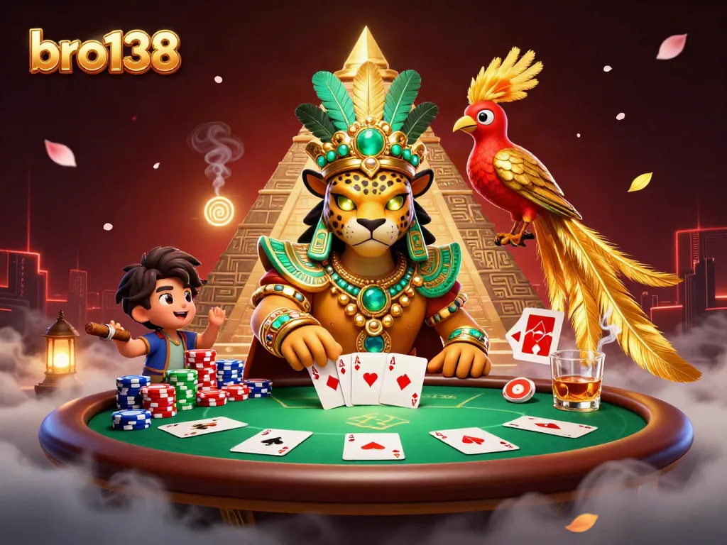 Experience thrilling action at bro138's vibrant online gaming scene with a dazzling illustration of a Mayan priest and treasures.