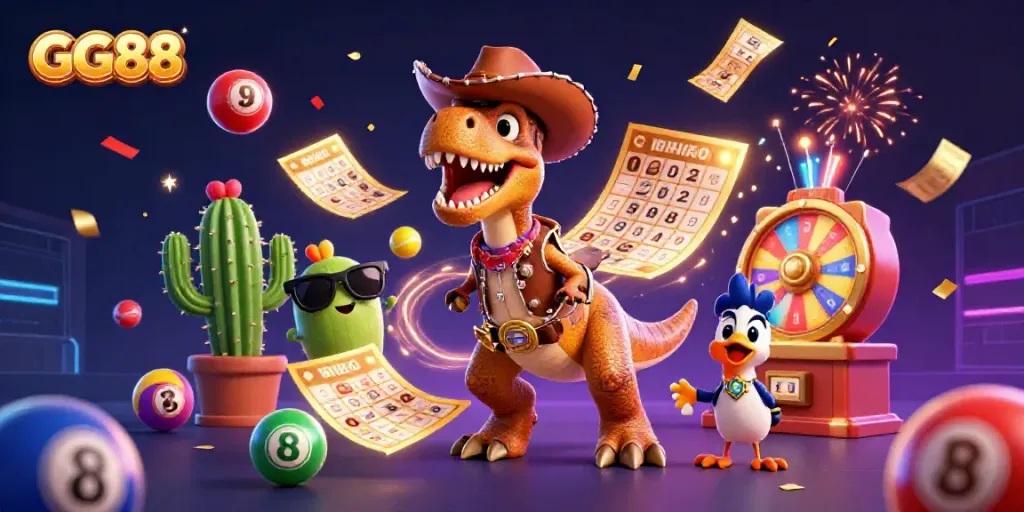Experience exciting gaming action with GG88 and dynamic casino elements in a vibrant 3D scene.