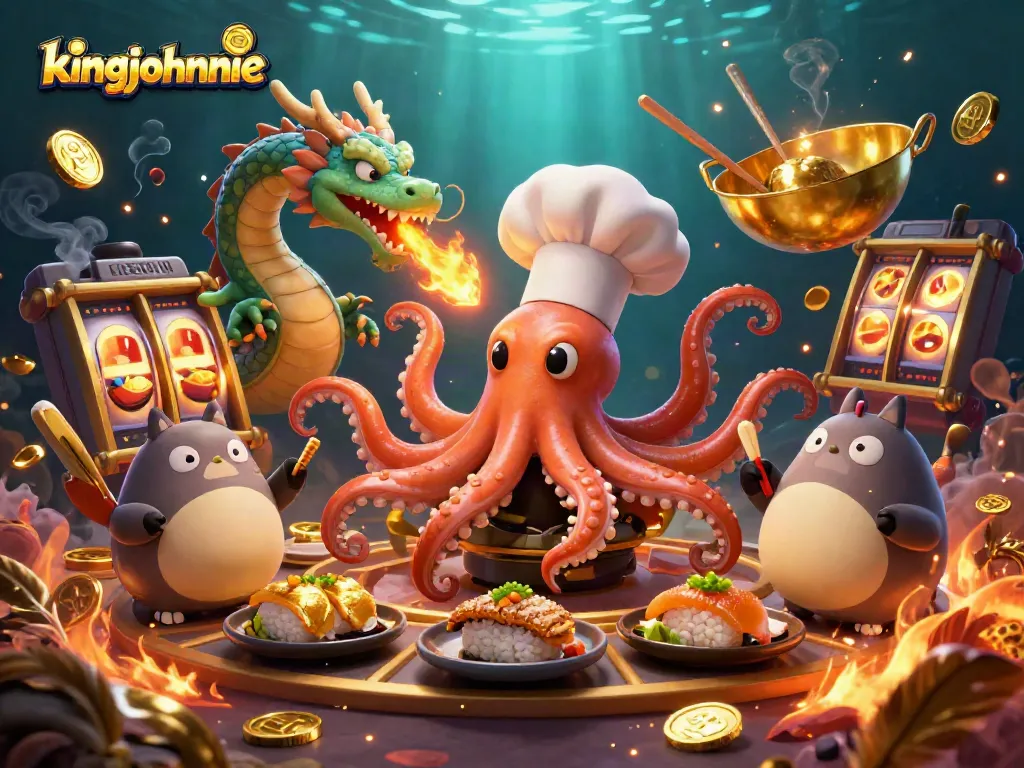 Experience exciting gaming action at kingjohnnie with a colorful 3D casino scene filled with characters and golden elements.