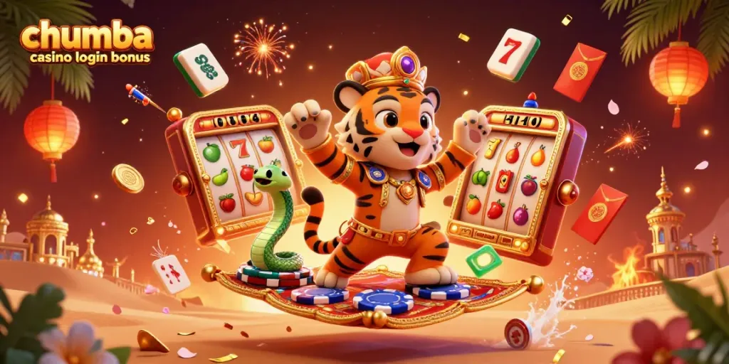Claim your chumba casino login bonus with vibrant 3D illustration of a tiger sultan surrounded by exciting slot elements.