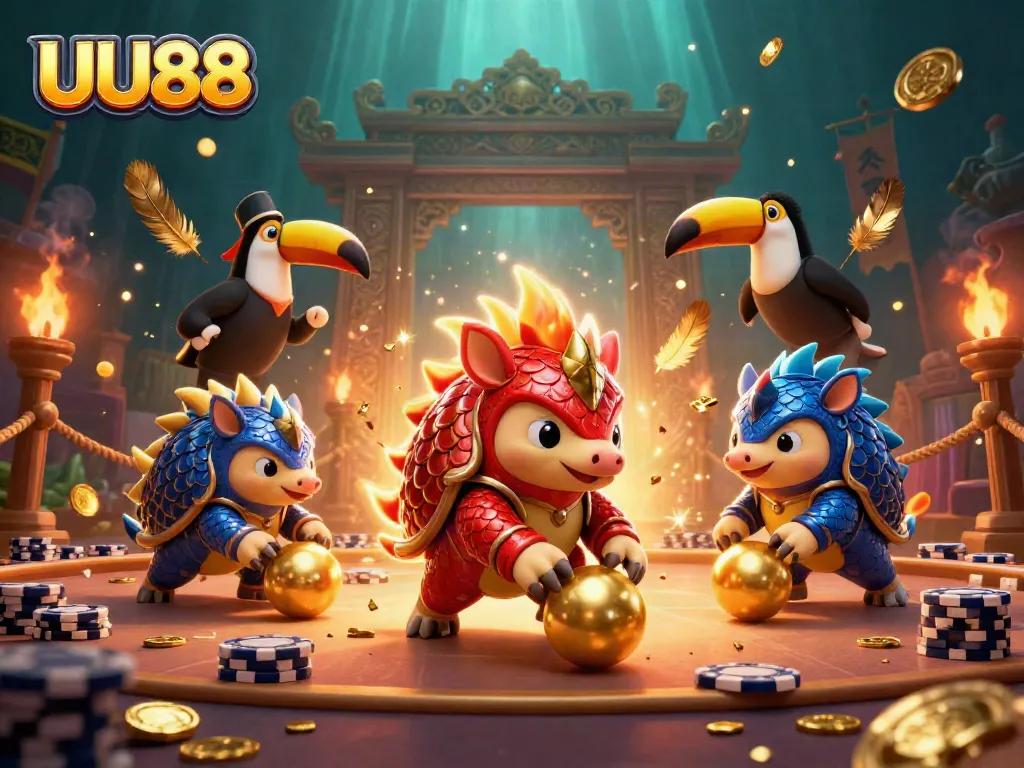 UU88 pangolins competing in a vibrant casino environment with poker chips and golden scales.