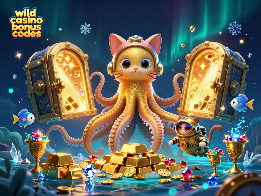 Win big with wild casino bonus codes featuring a kraken and vintage diver in a treasure-filled ocean.