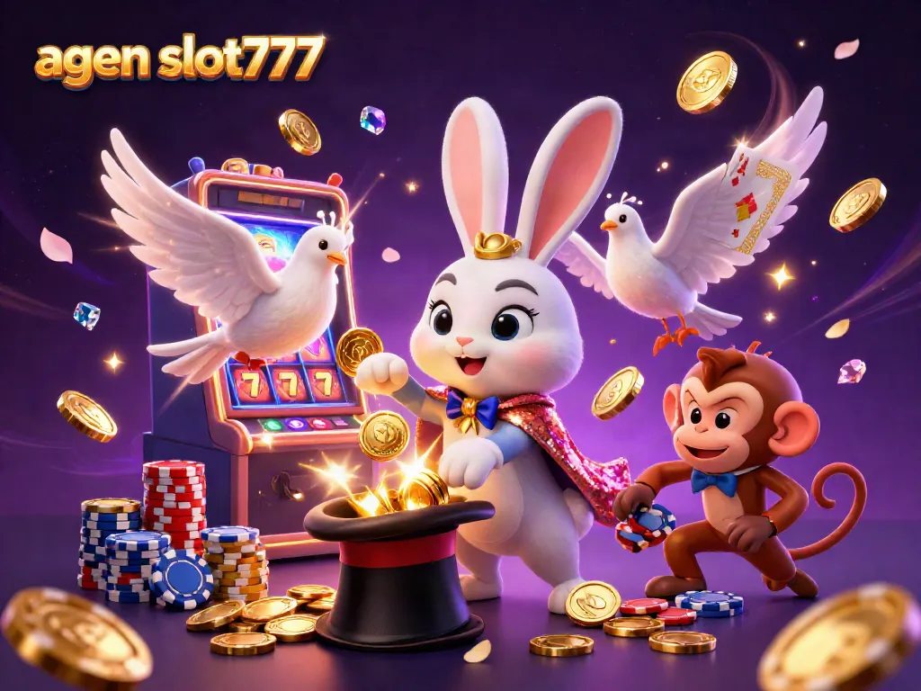 Experience the excitement of agen slot777 with our vibrant casino illustration featuring a magical rabbit and sparkling coins.