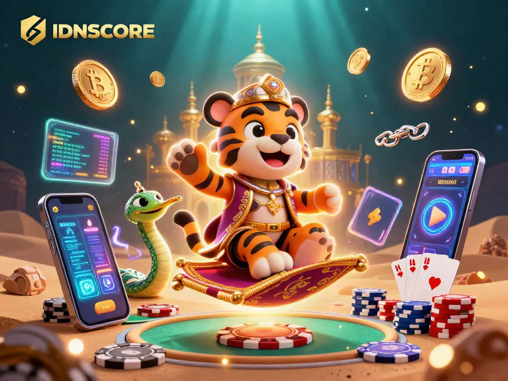 Engage in thrilling poker action with IDNSCORE’s vibrant casino-themed illustration featuring a sultan and genie.