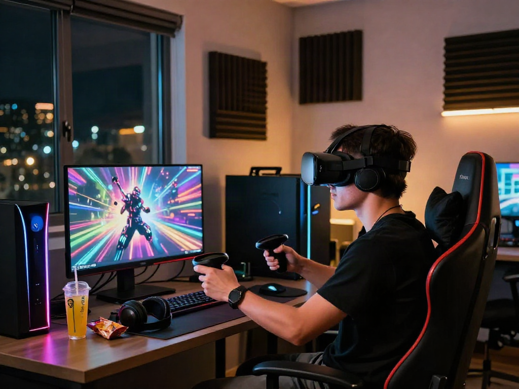 Pemain VR dengan konsol gaming LED dan suasana malam yang dinamis di luxury111