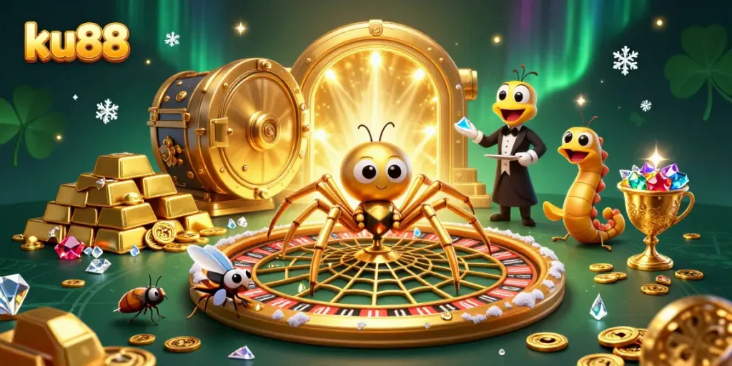 Engage with ku88's dynamic golden casino scene: spider spinning roulette web with treasure around