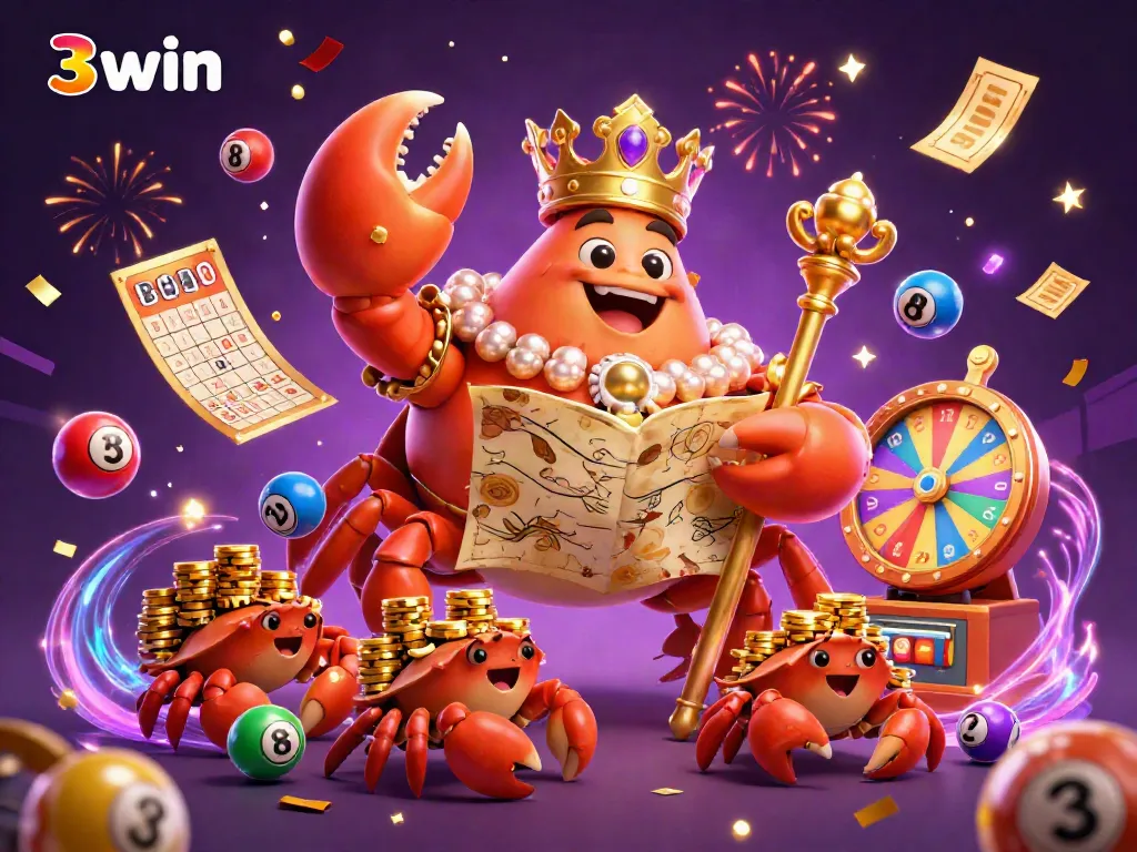 Experience the fun of gambling with 3win's vibrant golden crab casino scene filled with excitement.