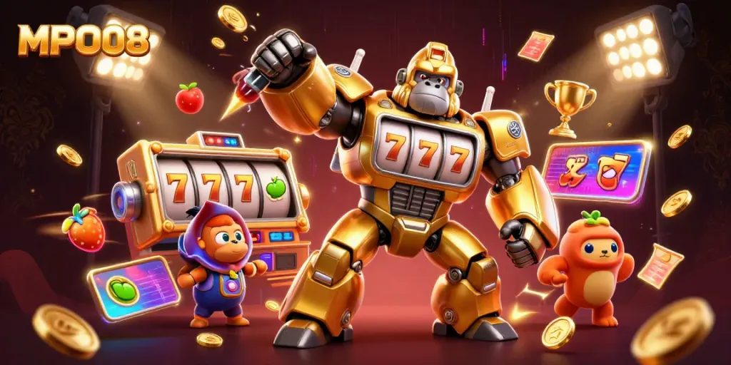 Experience winning excitement with MPO08's golden gorilla mech amidst vibrant slot game elements.