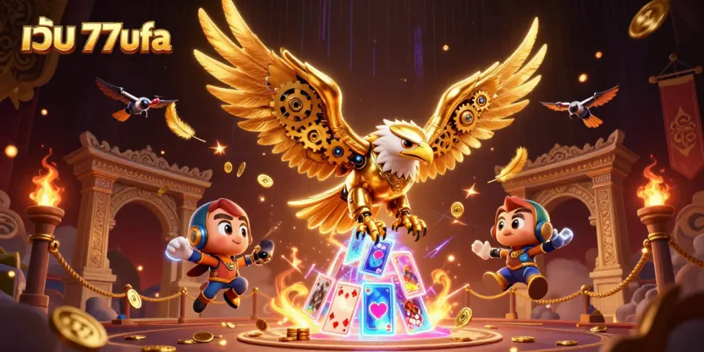Experience the thrill of เว็บ 77ufa with a cybernetic eagle soaring over holographic cards, creating a vibrant casino atmosphere.
