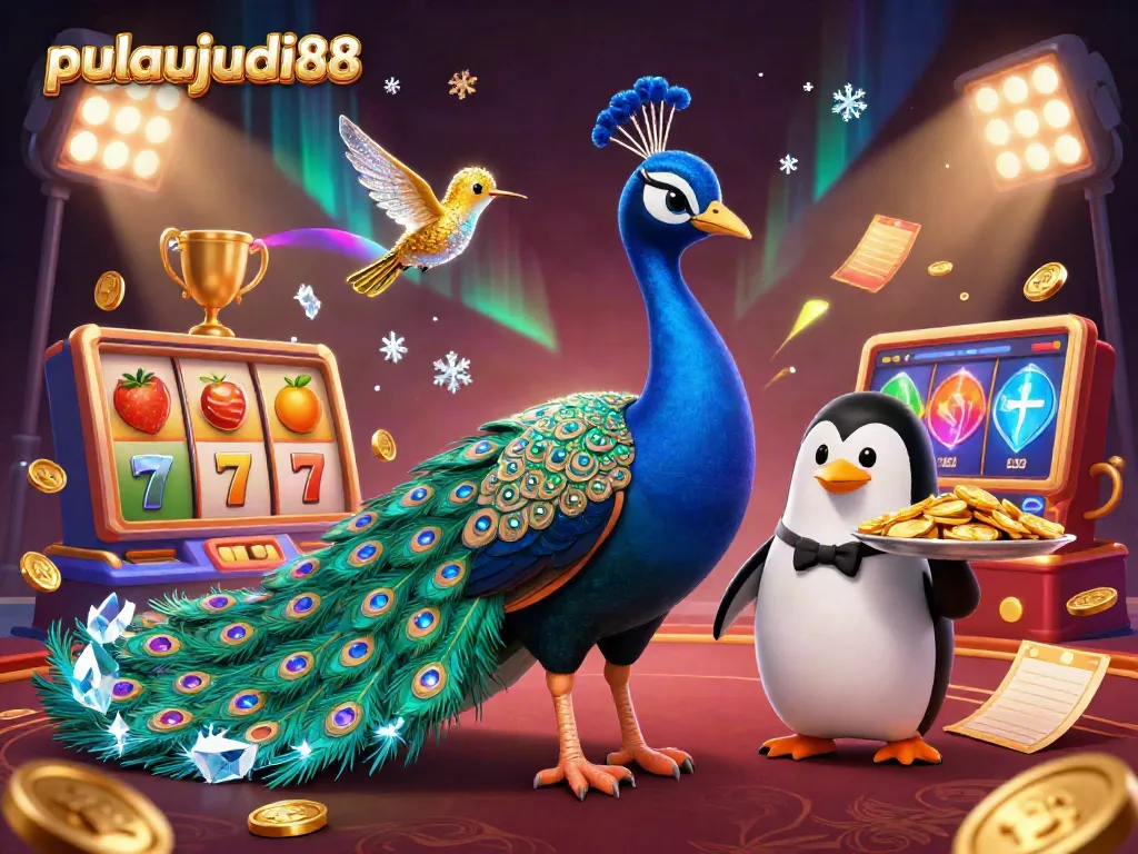 Pulaujudi88 menunjukkan ilustrasi kasino 3D dengan karakter berwarna-warni yang menggambarkan permainan dan jackpot yang menarik.