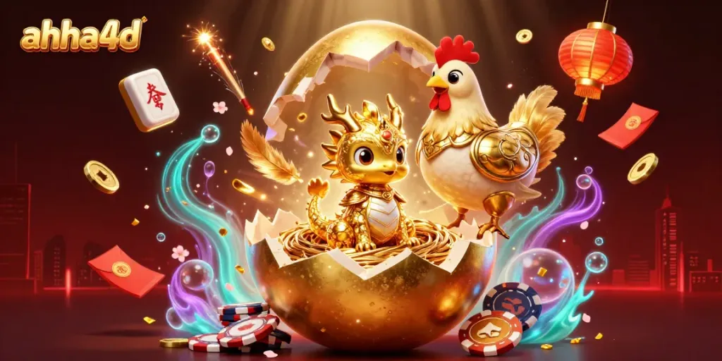 Experience ahha4d's vibrant scene with a golden egg dragon guarding poker chips among festive elements.
