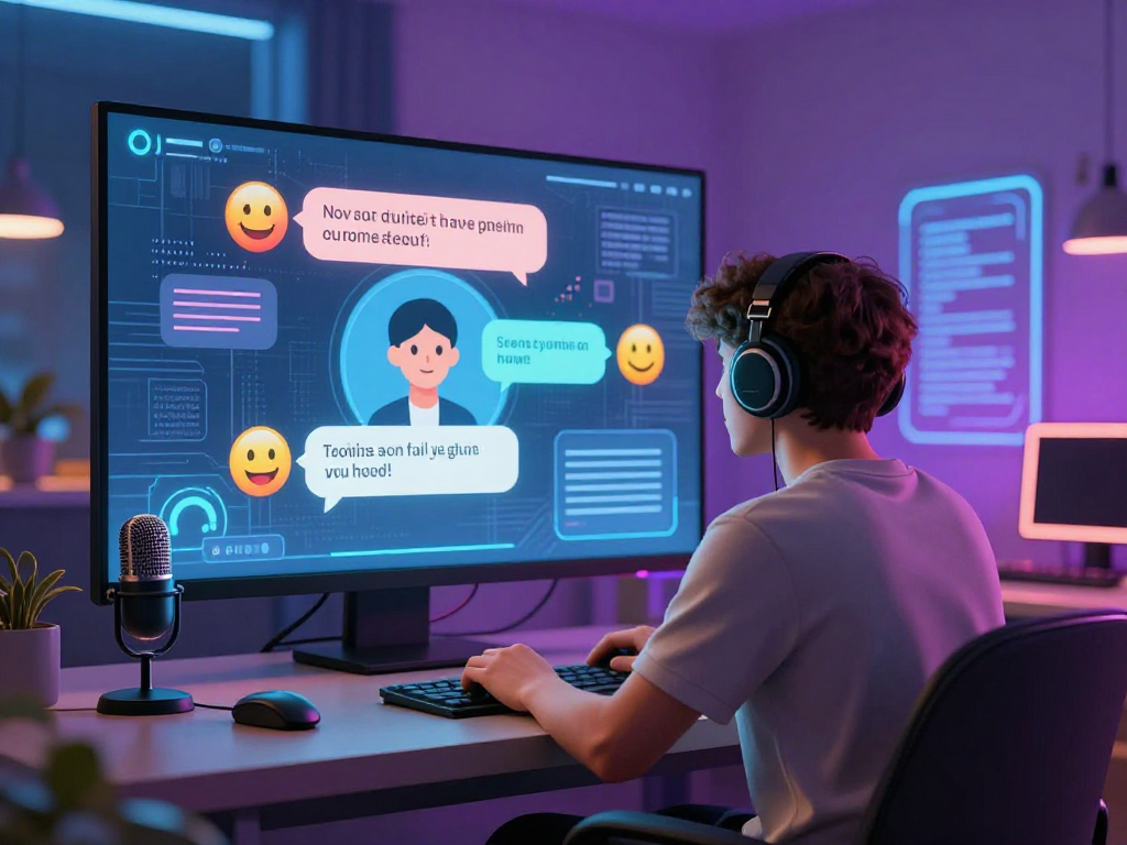 Engaging AI chat porn conversation in a futuristic digital space with avatars and emoticons.