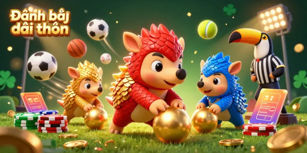 Experience thrilling Đánh bài đổi thưởng with rival pangolins bowling poker chips in a vibrant casino scene.