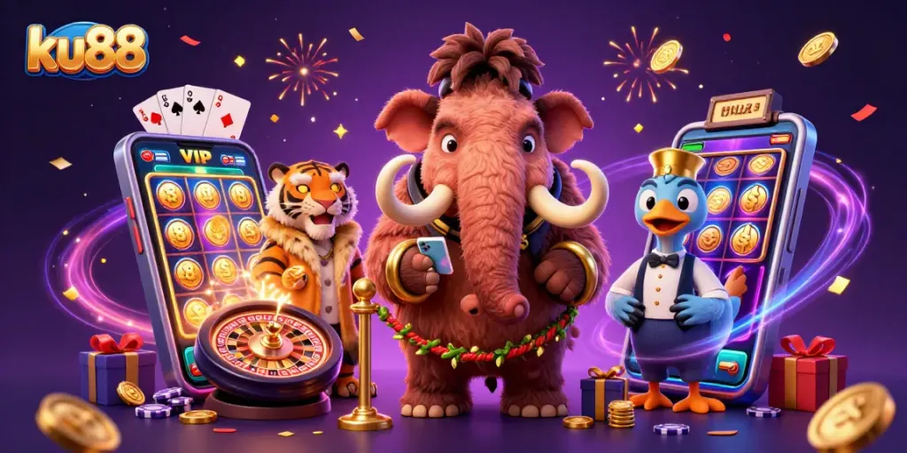 ku88 welcomes players with a vibrant casino scene, showcasing fun gaming elements and lively characters.