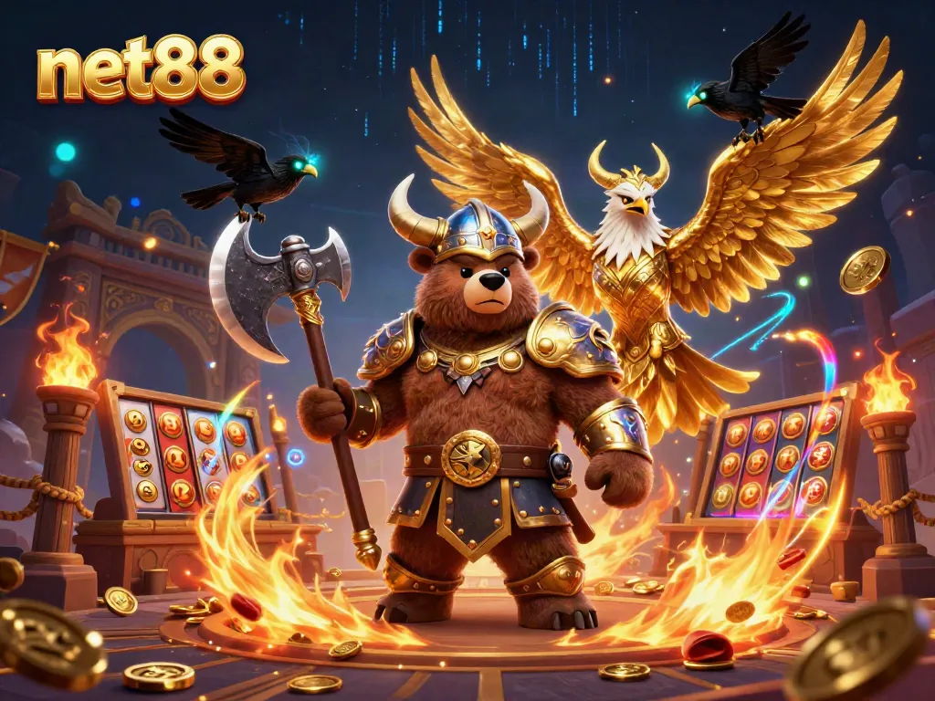 Experience the excitement of gaming with net88, featuring a Viking bear and Valkyrie in a vibrant casino scene.