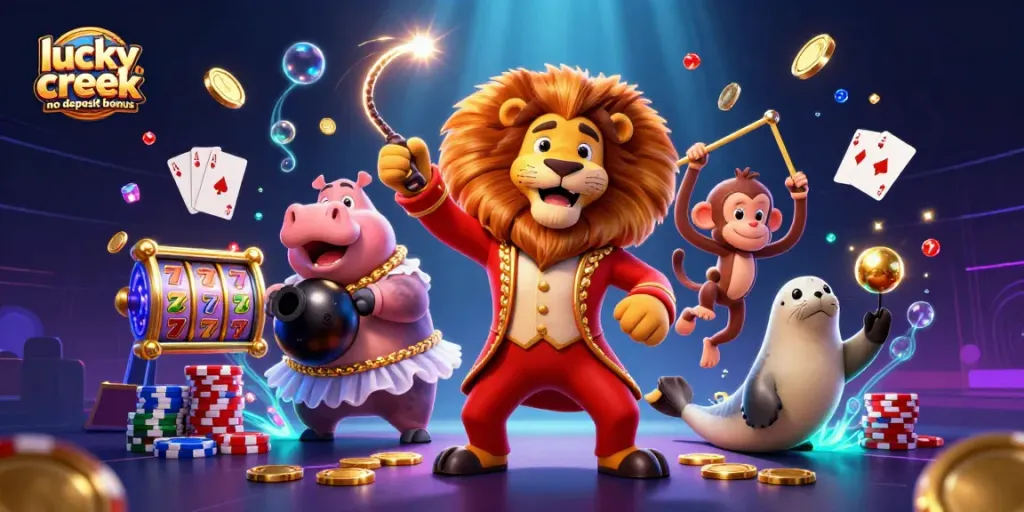 Experience the excitement of lucky creek no deposit bonus with animated casino characters and vibrant elements.