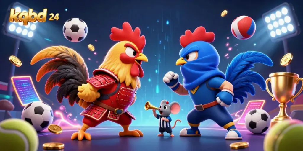 Engage with KQBD 24's thrilling sports atmosphere featuring animated roosters in action.