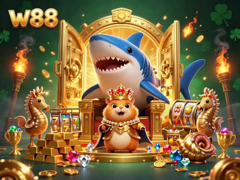 Experience the w88 casino excitement with a golden hamster king on a megalodon throne surrounded by vibrant treasures.