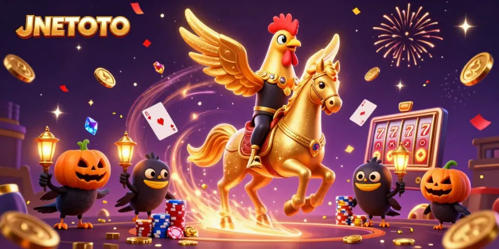 Engage in thrilling gameplay at JNETOTO with our golden rooster mascot amidst a vibrant casino.