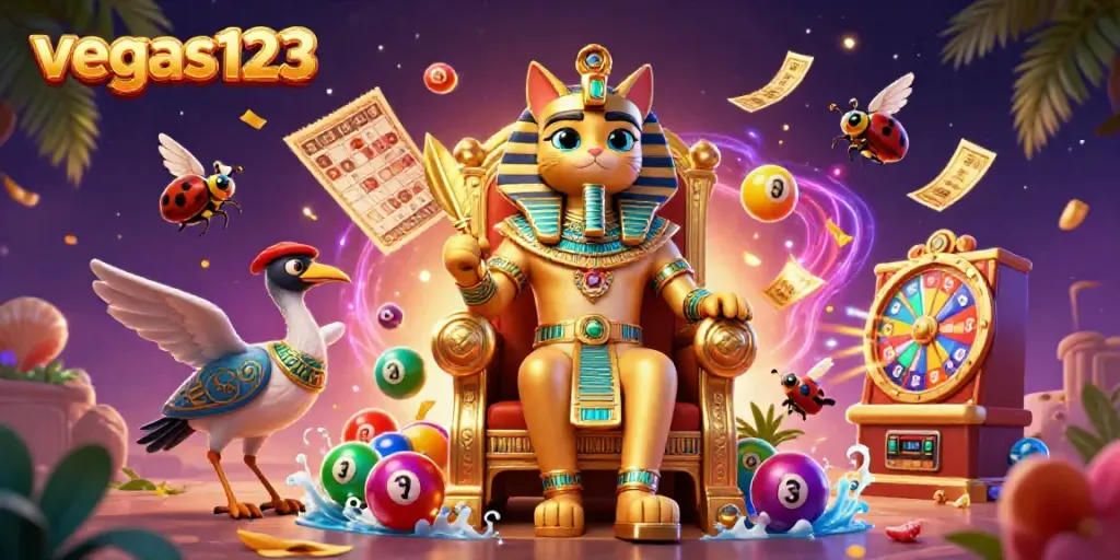 Gambaran 3D Vegas123 yang menarik dengan karakter kucing firaun dan angka lotere berwarna-warni.