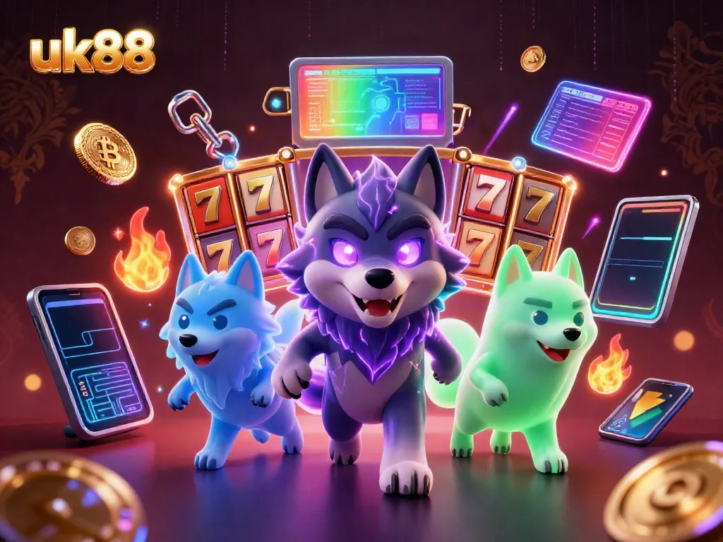 Experience high-energy gaming with uk88 as a glowing wolf leader and colorful slot elements come alive.