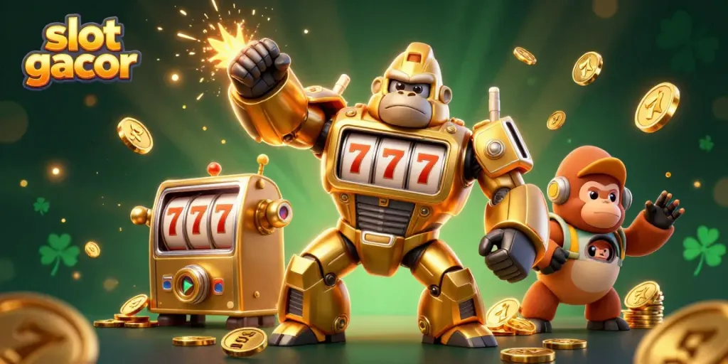 Meraih kemenangan slot gacor dengan karakter gorila emas dan mesin slot di latar belakang.