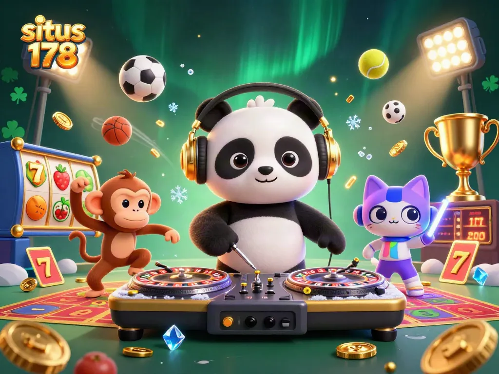 Situs 178: DJ panda beraksi dengan kartu taruhan, simbol buah, dan jackpot menghidupkan suasana kasino