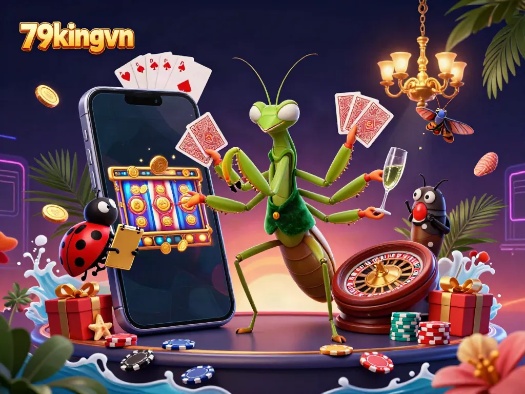 Experience the thrill of 79kingvn with a lively scene featuring a mantis card sharp and ladybug pit boss in a vibrant casino atmosphere.