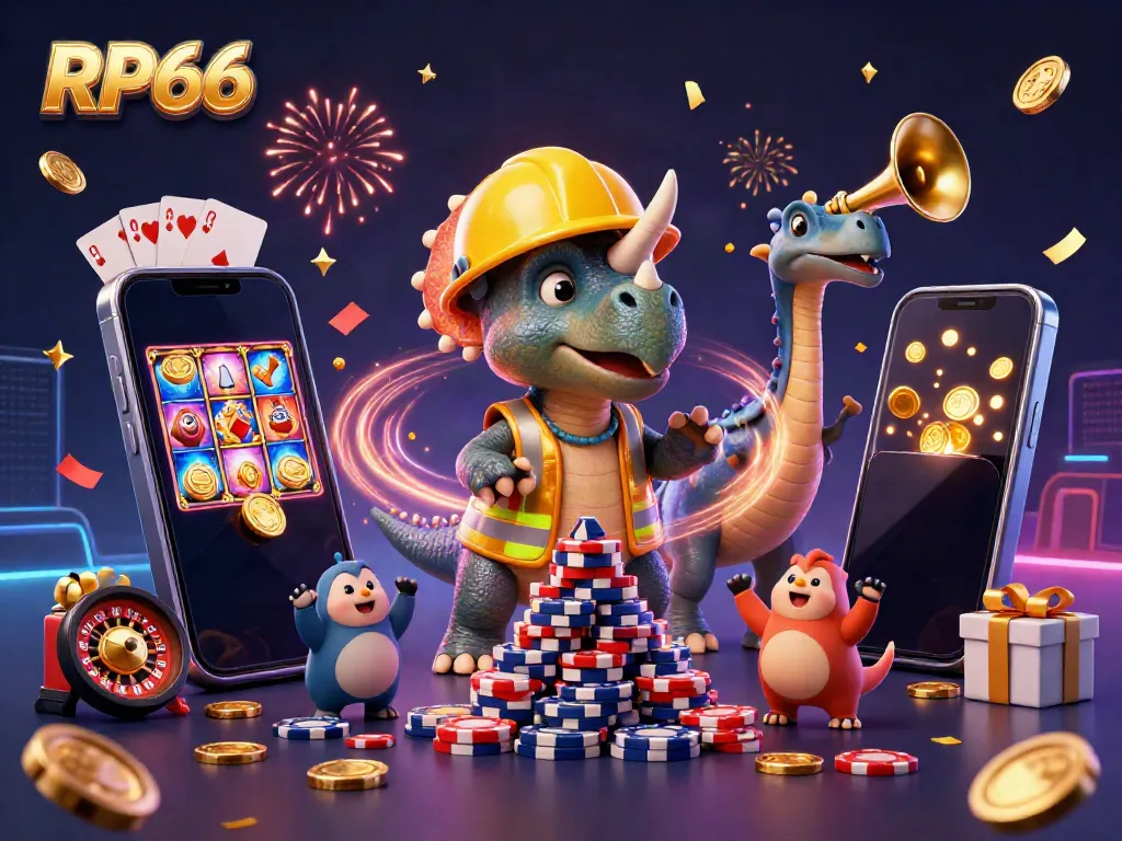 Experience thrilling gameplay with RP66 as a triceratops constructs a poker chip pyramid amidst celebrating companions.
