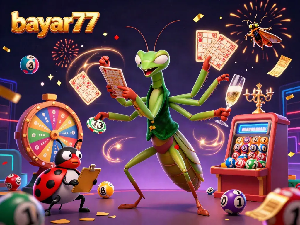 Experience the excitement of bayar77 with vibrant lottery elements and dynamic casino characters in action.