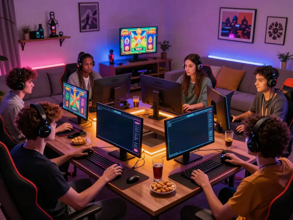 Group of friends enjoying akunjp online gaming session in a cozy living room.