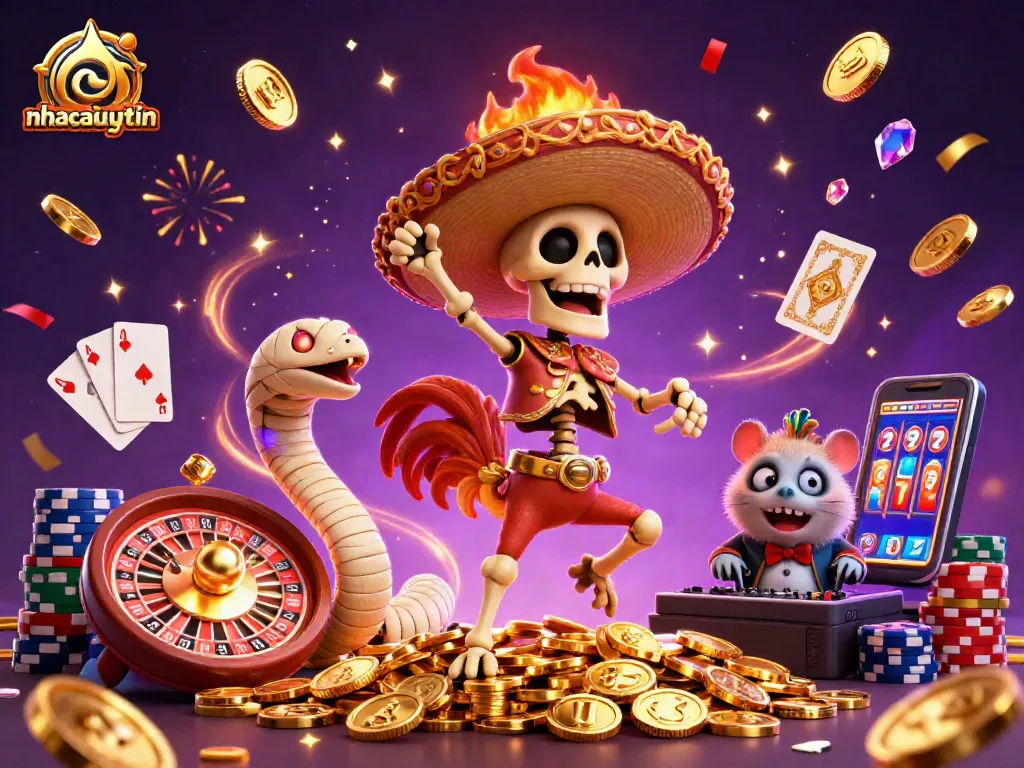 Engage in thrilling gameplay with nhacaiuytin featuring vibrant 3D characters celebrating on golden coins.