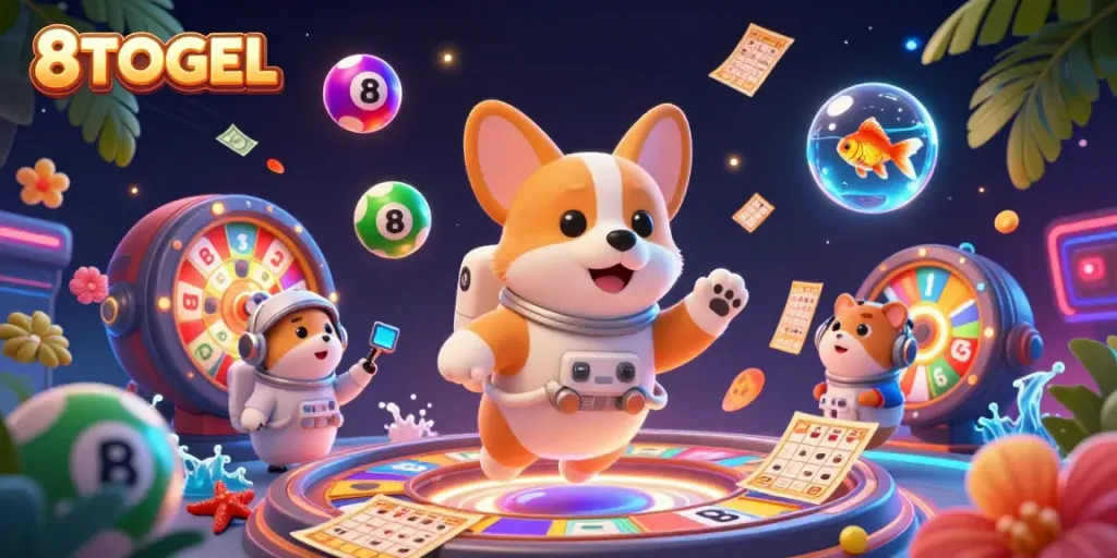 Engage in thrilling gameplay with 8TOGEL at this vibrant space casino featuring animated characters and dynamic lottery elements.