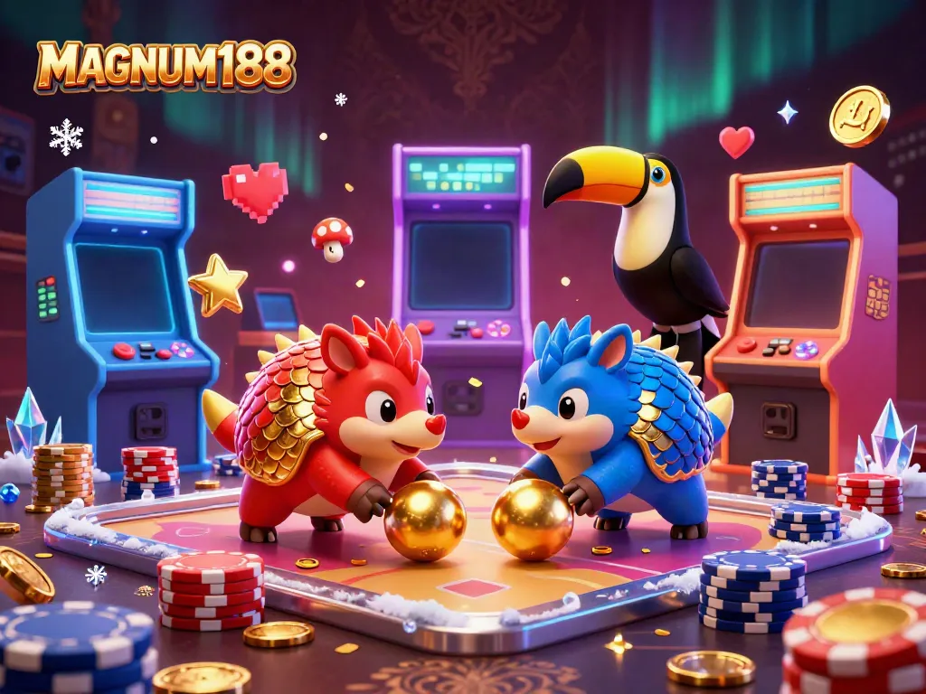 Experience thrilling MAGNUM188 gameplay where pangolins roll balls and win poker chips in a vibrant casino scene.