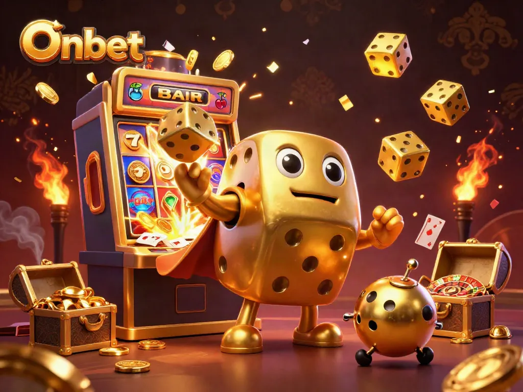 Onbet's engaging golden dice golem and roulette-ball display lively casino elements and big wins.
