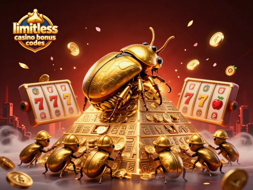 Experience limitless casino bonus codes with a vibrant scene of golden beetles rolling coins amidst slot reels.