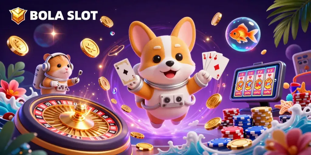 BOLA SLOT engaging scene with a 3D astronaut corgi and gaming elements in a cosmic casino.