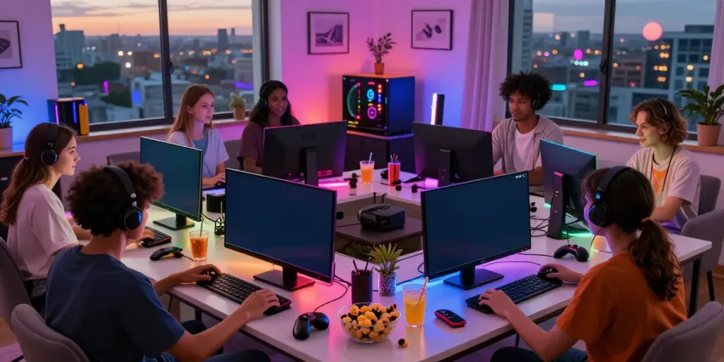 A diverse group of friends enjoying AHHA4D gaming in a cozy living room with bright LED lights.