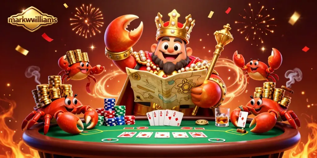 Engage with markwwilliams in a vibrant casino scene featuring a golden crab emperor at a poker table.