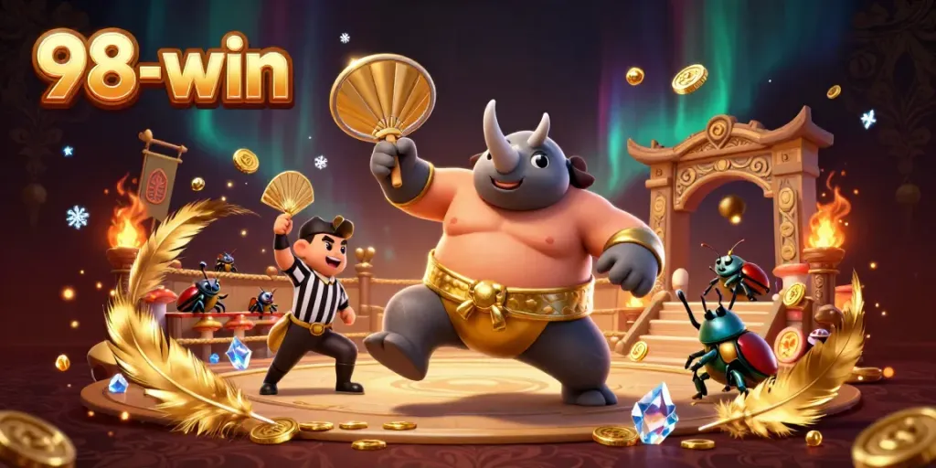 Experience thrilling action at 98-win with a sumo beetle champion in a vibrant and dynamic casino setting.