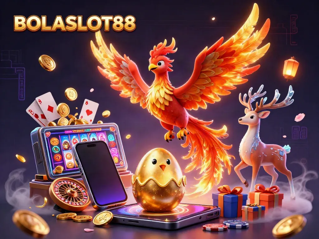 BOLASLOT88 showcases an intricate scene with a fire phoenix soaring, a hatching chick, and gaming elements, encapsulating excitement and opportunity.