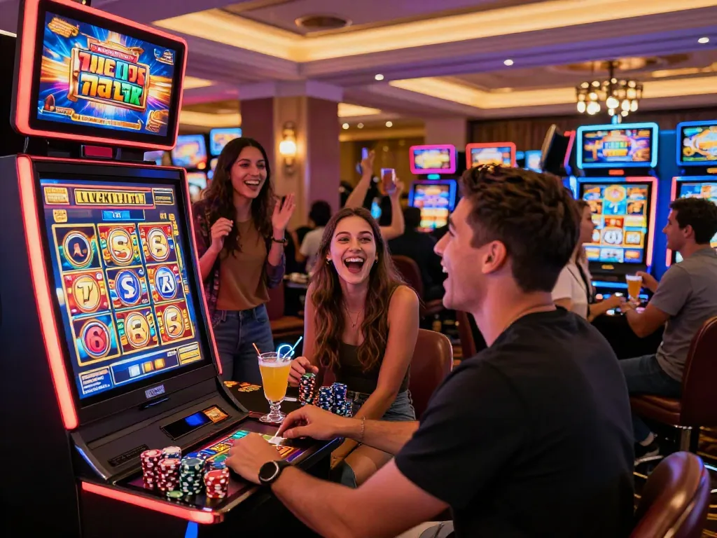 Exciting Lucky777 casino scene with a player celebrating a win at a vibrant slot machine surrounded by friends.